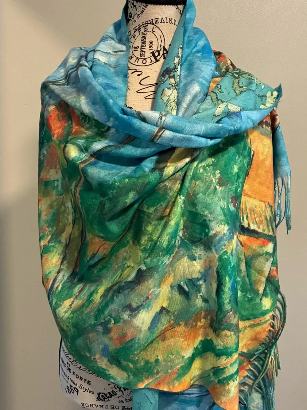 Art print double sided scarf Cézanne’s & Van Gogh tassel fringe Colorful NWOT